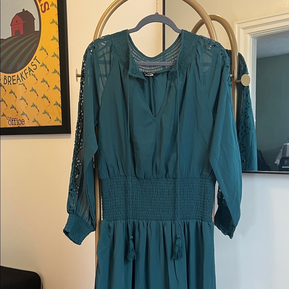 VENUS Teal Maxi Dress with Smocked Waist & Lace Sleeves